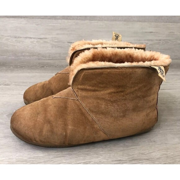 Old Friend Men's US 10 Brown Suede Leather Sheepskin Flat Slip-On Ankle Slippers - Picture 1 of 8